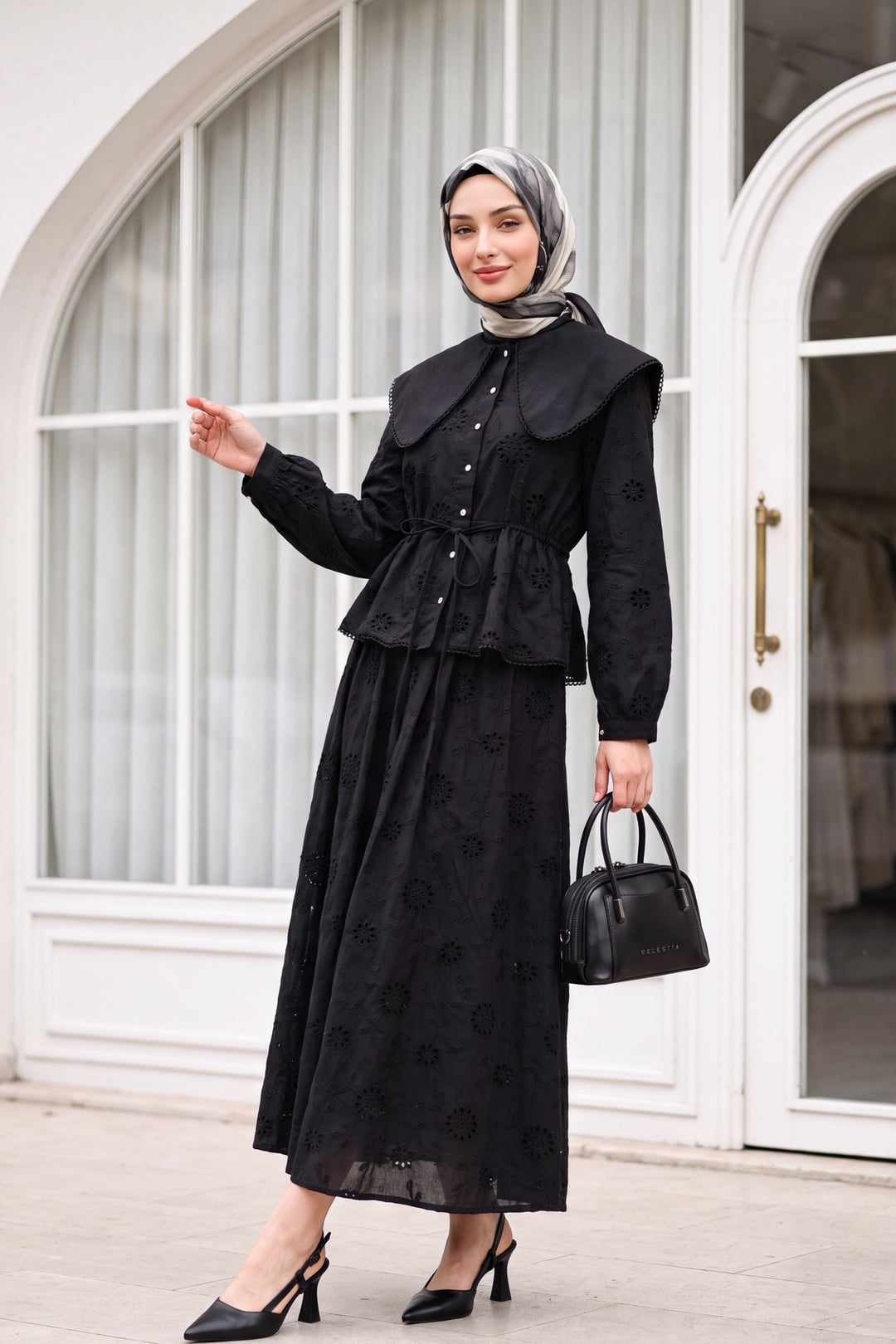 Bebe Collar Embroidered Linen Look Two Piece Set - Black - Podyumplus - by Peralane - photo 2