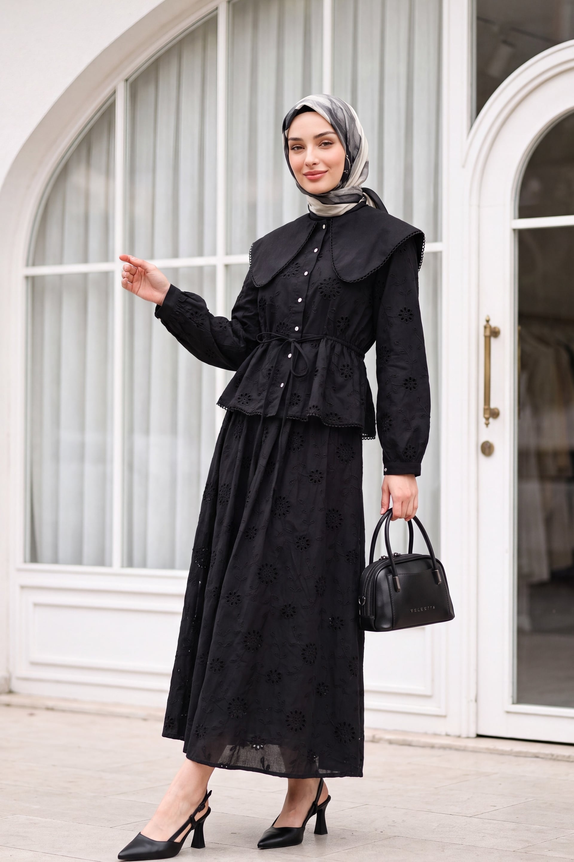 Bebe Collar Embroidered Linen Look Two Piece Set - Black - Podyumplus - by Peralane - photo 2