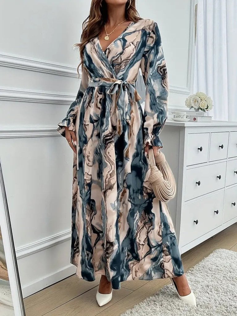 Women's Long-Sleeve Wrap Maxi Dress with Tie Waist and Marbled Print - Janes - by Peralane - photo 4