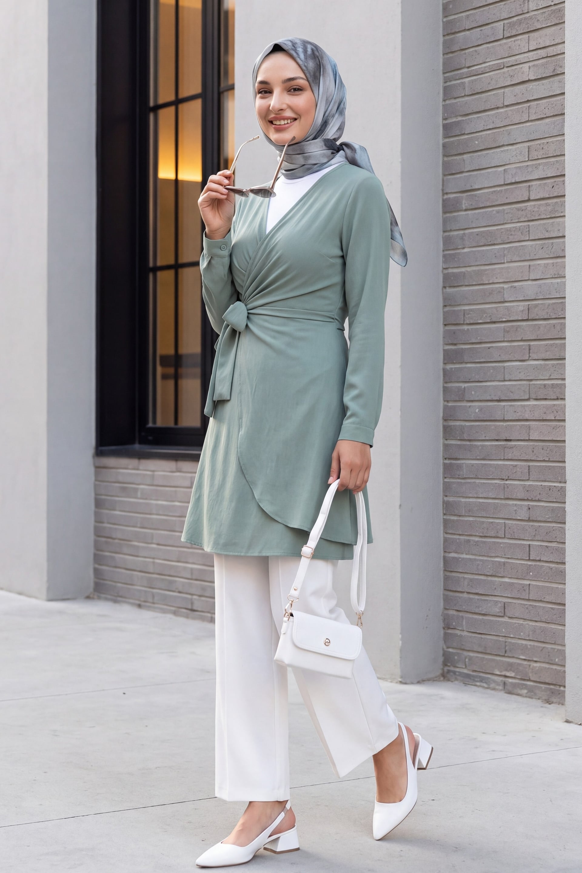 Mint Wrap V-Neck Tie-Waist Tunic Dress - Podyumplus - by Peralane - photo 3