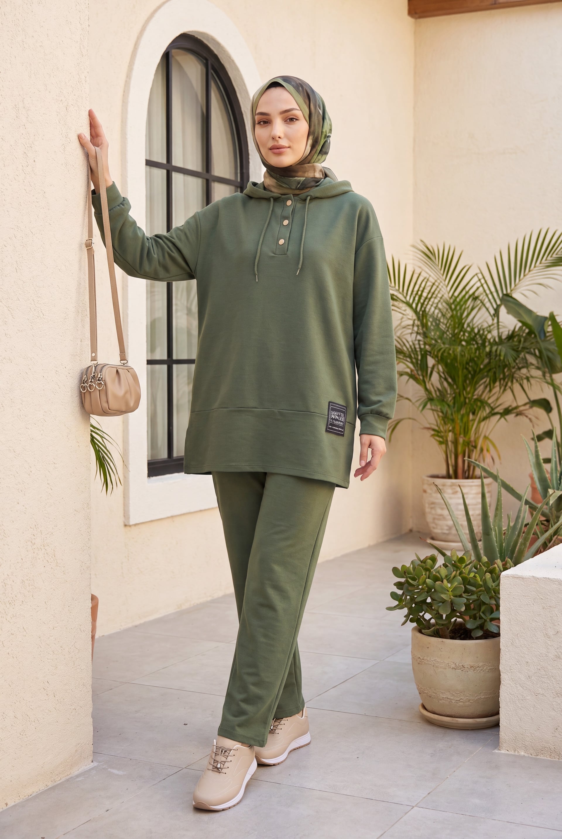 Button-Up Hooded Two-Piece Cotton Set in Olive Green - Podyumplus - by Peralane - photo 2