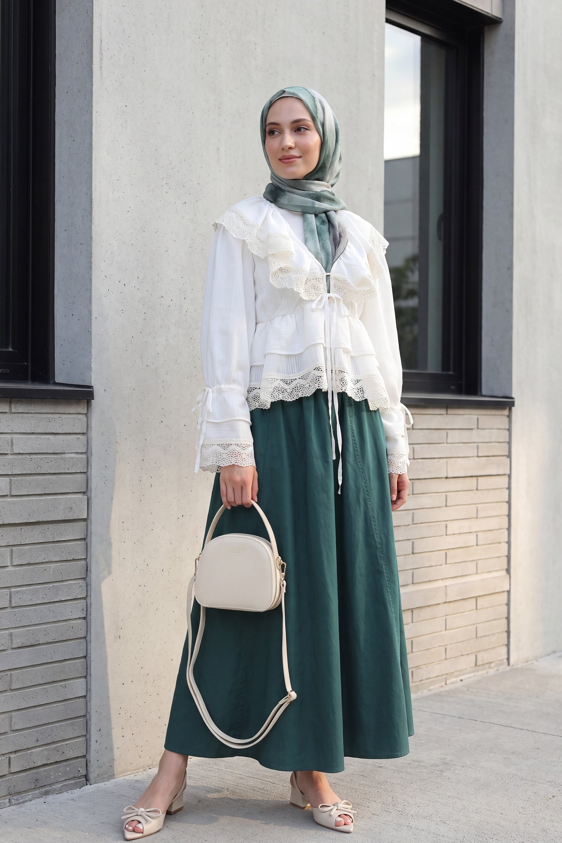 V-Neck Lace Trim Ruffle Tie Blouse with Skirt - Ecru - Podyumplus - by Peralane - photo 5