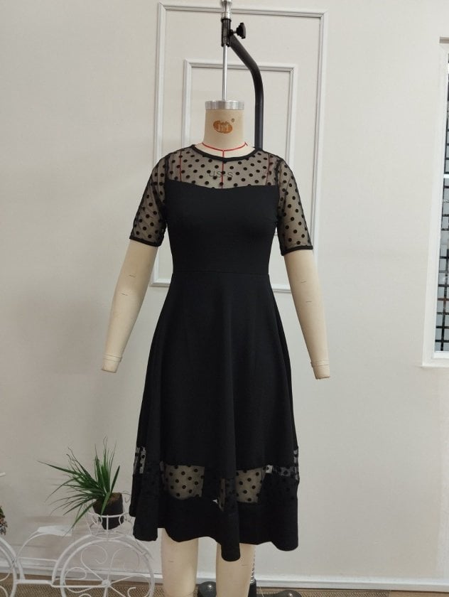 Women's Black Short-Sleeved Polka Dot Tulle Detail Midi Crepe Dress - Janes - by Peralane - photo 5