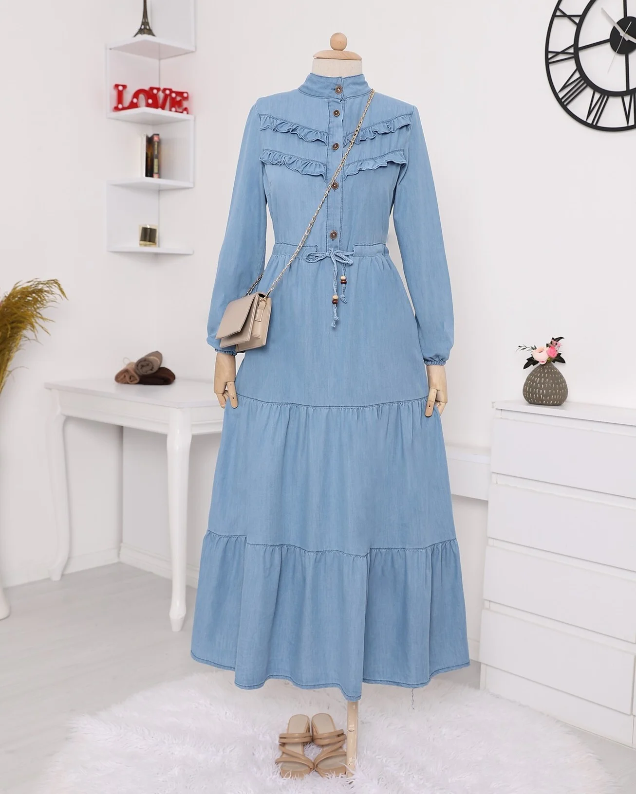 Half Button Front Frill Denim Dress - Blue - Podyumplus - by Peralane - photo 3