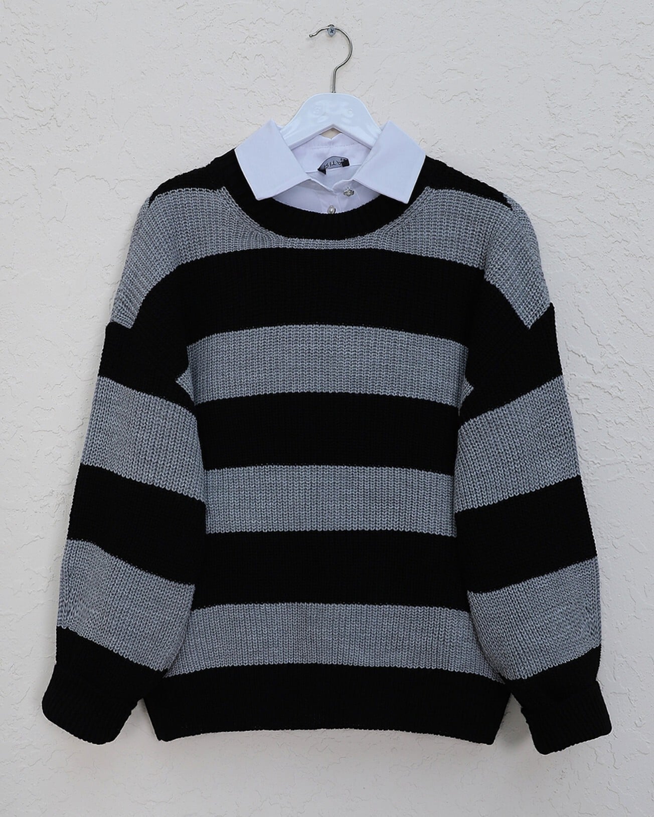 Black and Grey Striped Crew Neck Knit Sweater with Dropped Shoulders - Podyumplus - by Peralane - photo 3