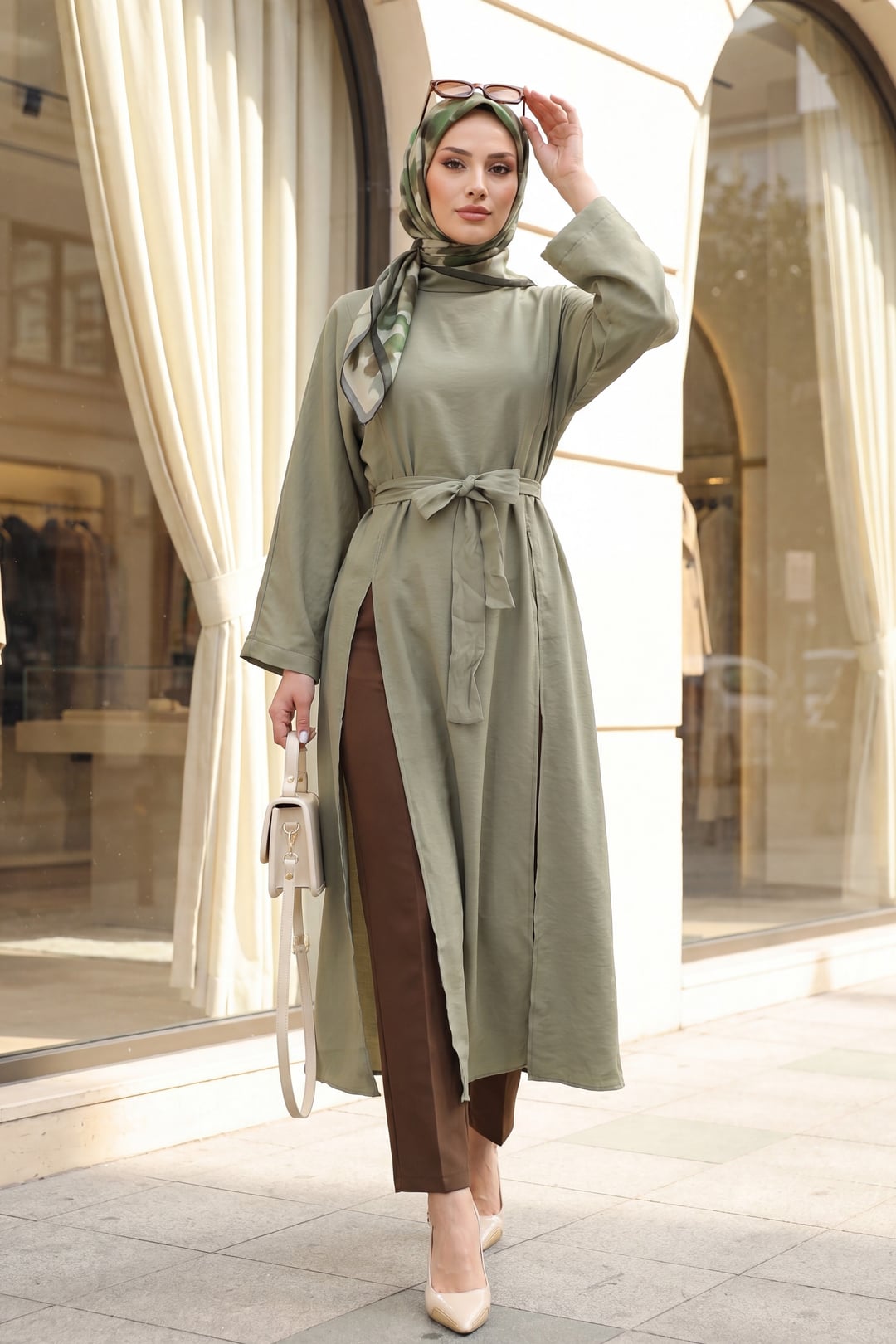 High-Neck Deep-Slit Belted Long Modal Tunic - Olive Green - Podyumplus - by Peralane
