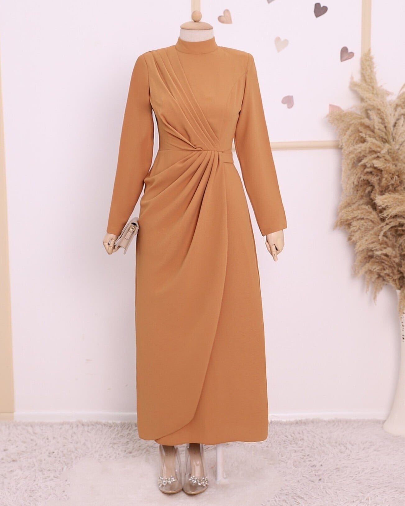Draped Modest Dress with High Neck - Caramel Brown - Podyumplus - by Peralane - photo 2
