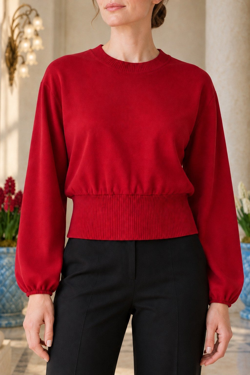 Knit Crew Neck Sweatshirt with Balloon Sleeves - Cherry Red - Xlove - by Peralane