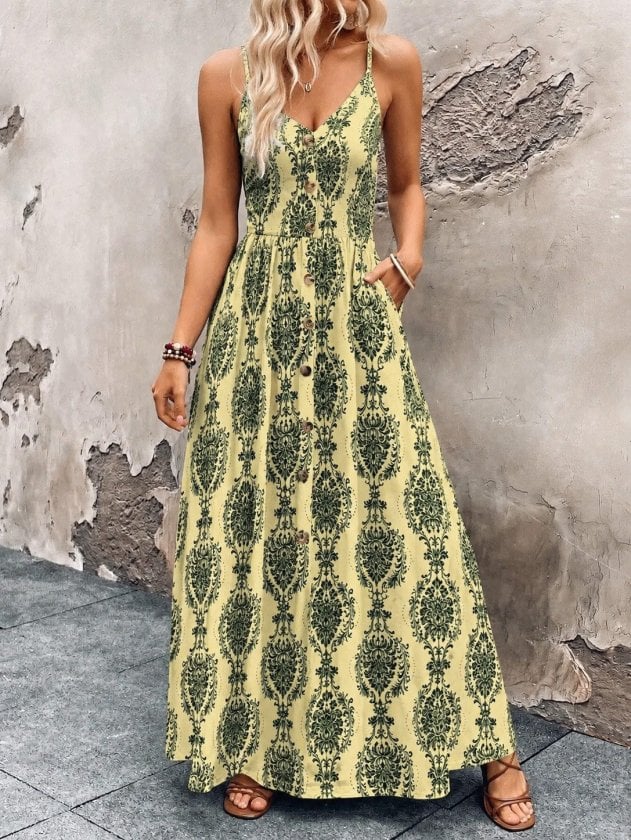 Women's Spaghetti Strap V-Neck Button Front Printed Maxi Dress - Janes - by Peralane - photo 2