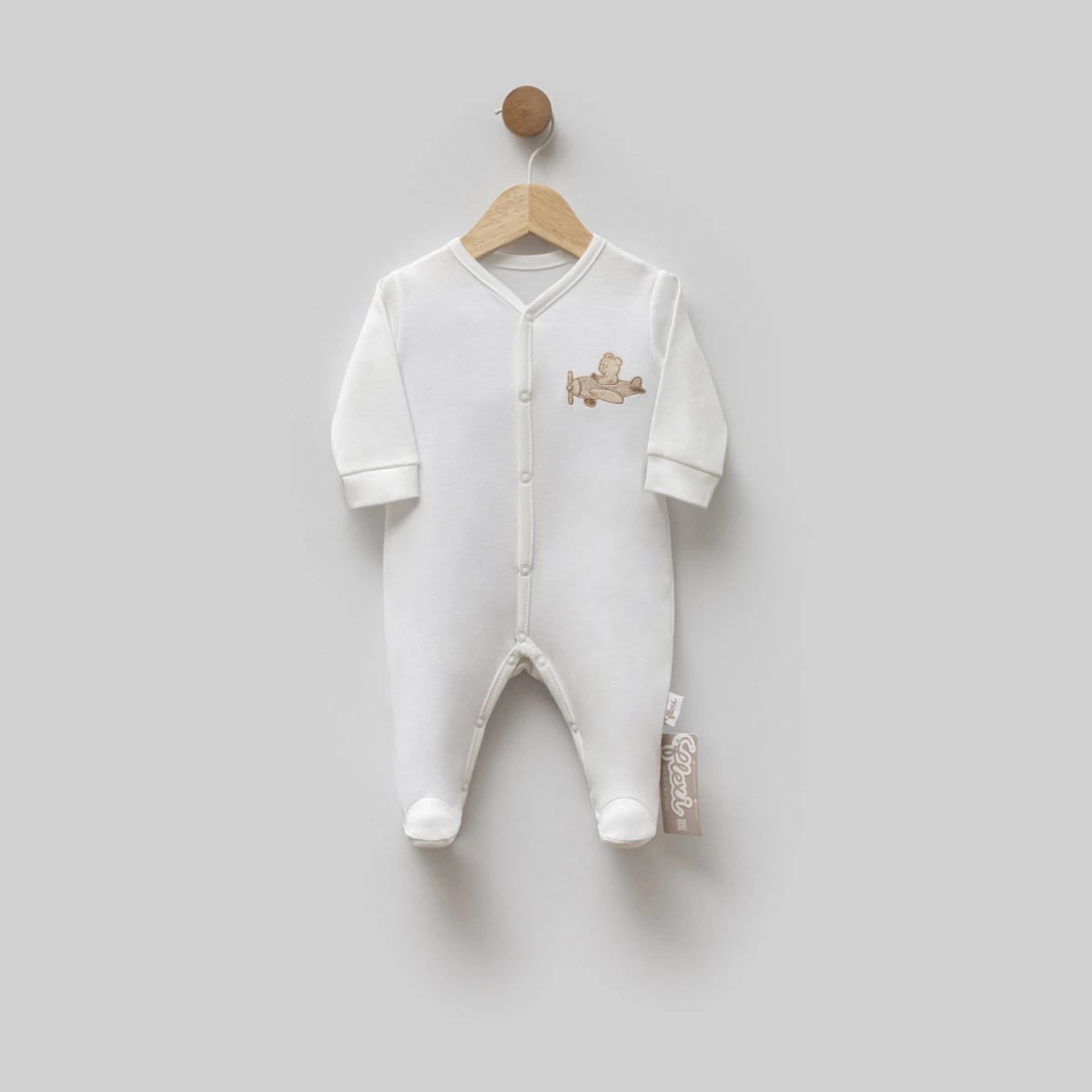 Baby Rompers Pack of 3 - Ecru - Footed Sleepsuit with Bear Airplane Embroidery - Flexi Baby - by Peralane