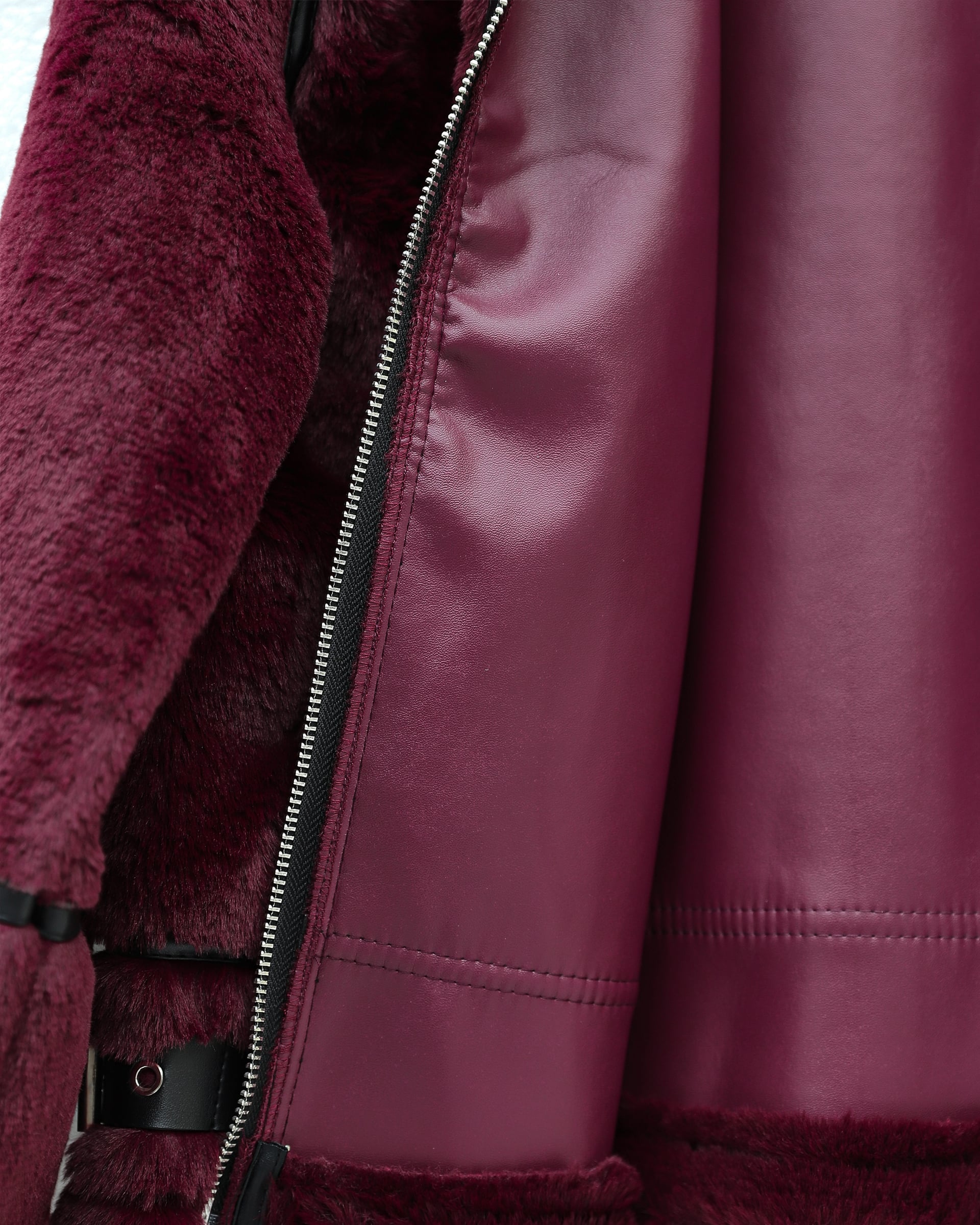 Women's Reversible Detail Plush Laminated Leather Detailing Coat - Burgundy - Podyumplus - by Peralane - photo 7