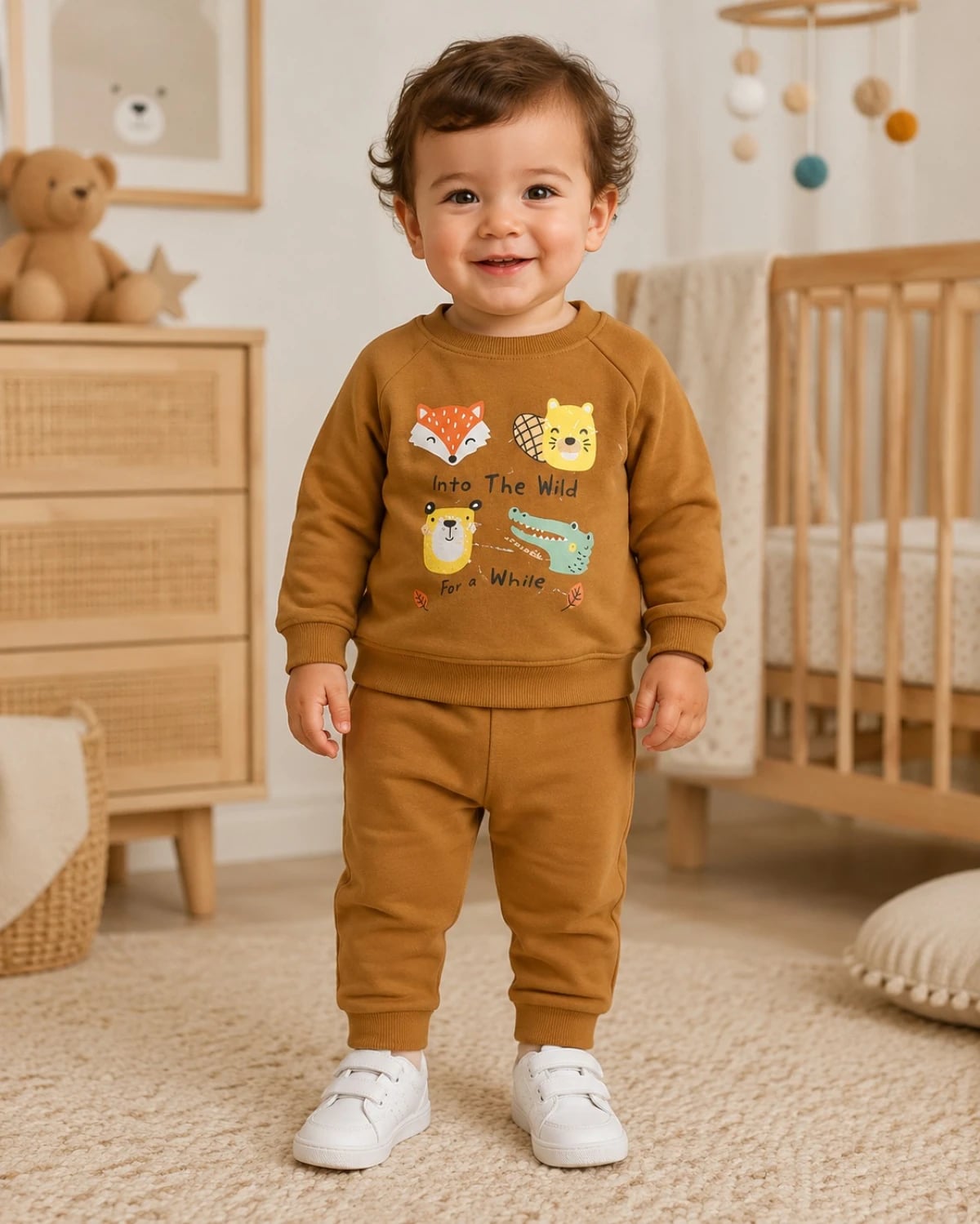 2-Piece Baby Boy Tracksuit with Woodland Animal Print - Brown - Has Bereket - by Peralane
