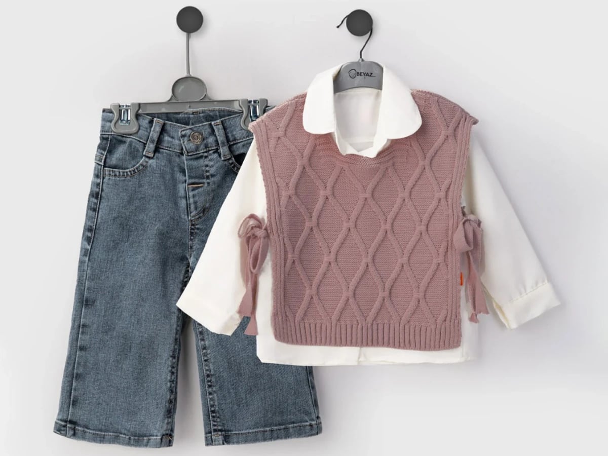 Diamond Pattern Knit Vest and Shirt Set for Baby Girls with Jeans - Beyaz Bebek - by Peralane