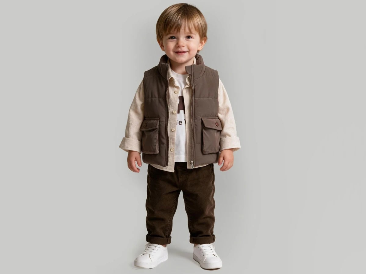 Boys' 4-Piece Puffer Vest, Shirt and Corduroy Trousers Set - Beyaz Bebek - by Peralane
