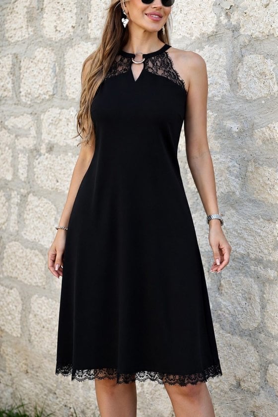 Women's Black Sleeveless Halter Neck Midi Dress with Lace Trim and Ring Detail - Janes - by Peralane