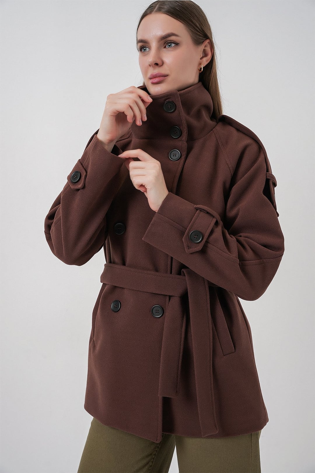 Women's Belted Wool-Blend Double-Breasted Coat - Brown - Wholeskop - by Peralane - photo 4