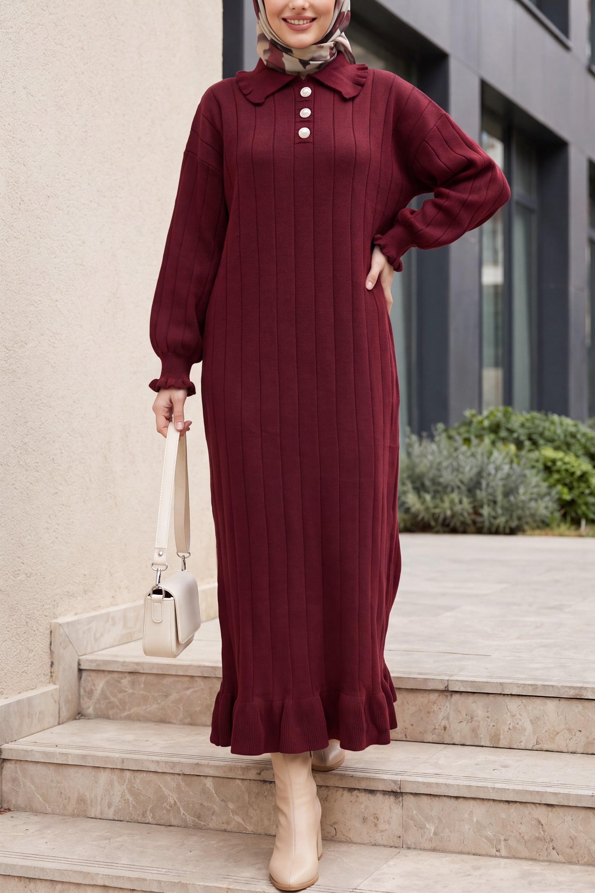 Ruffled Collar and Hem Button Detail Knit Dress - Burgundy - Podyumplus - by Peralane