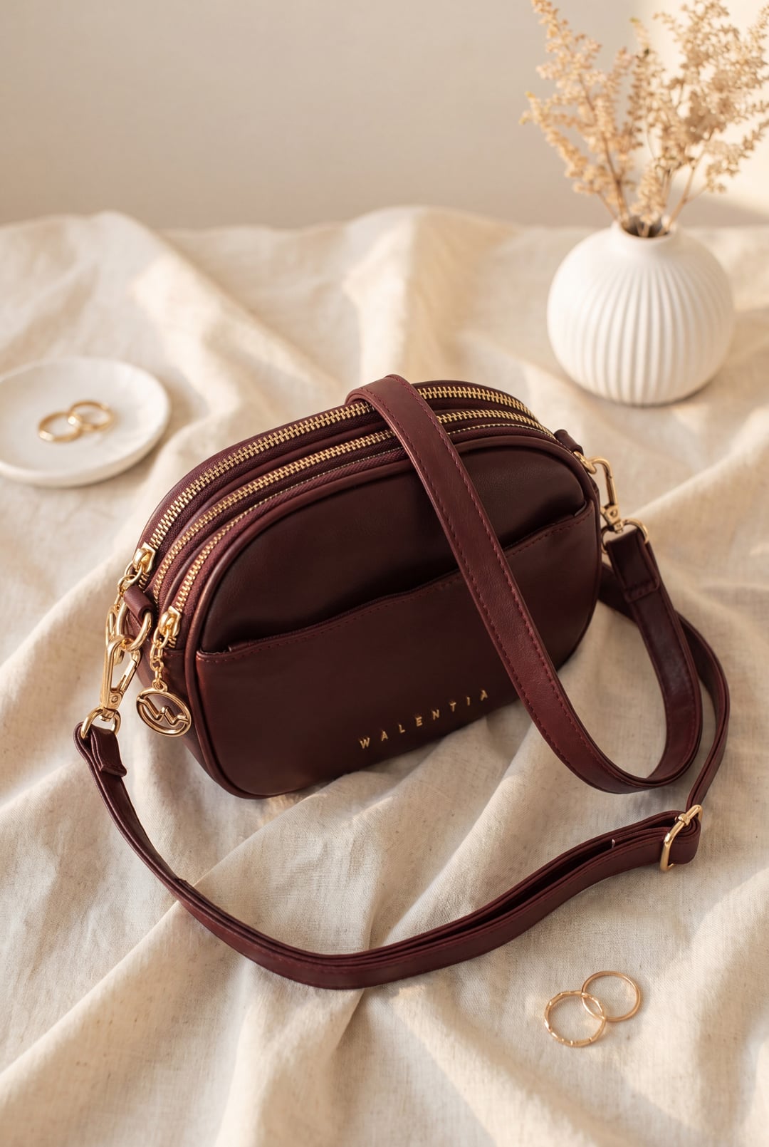 Multi-Compartment Long-Strap Crossbody Bag - Burgundy - Podyumplus - by Peralane