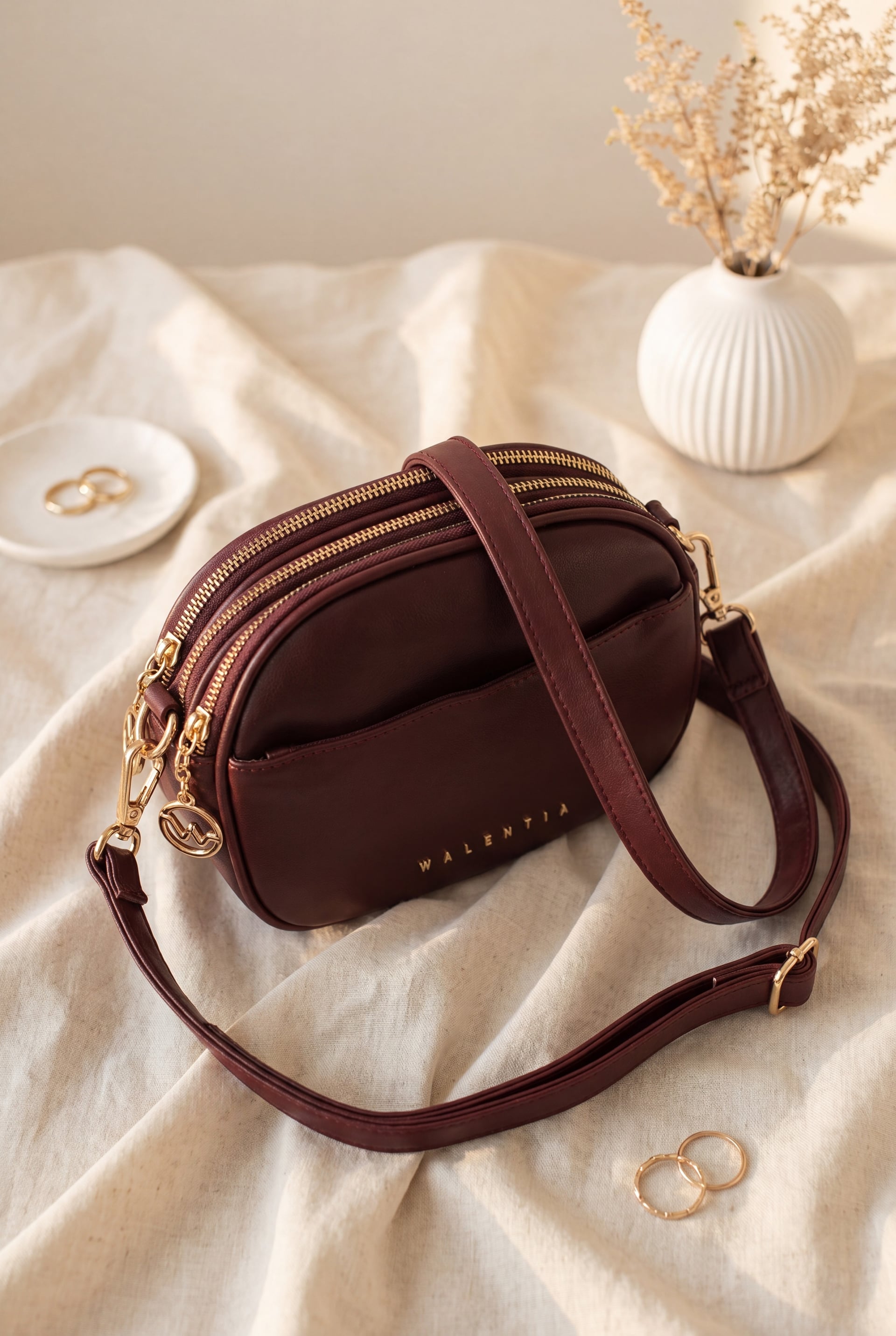 Multi-Compartment Long-Strap Crossbody Bag - Burgundy - Podyumplus - by Peralane