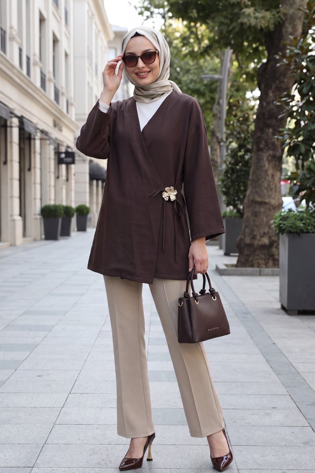 Side Cross-Tie Modal Tunic with Brooch - Brown - Podyumplus - by Peralane - photo 3