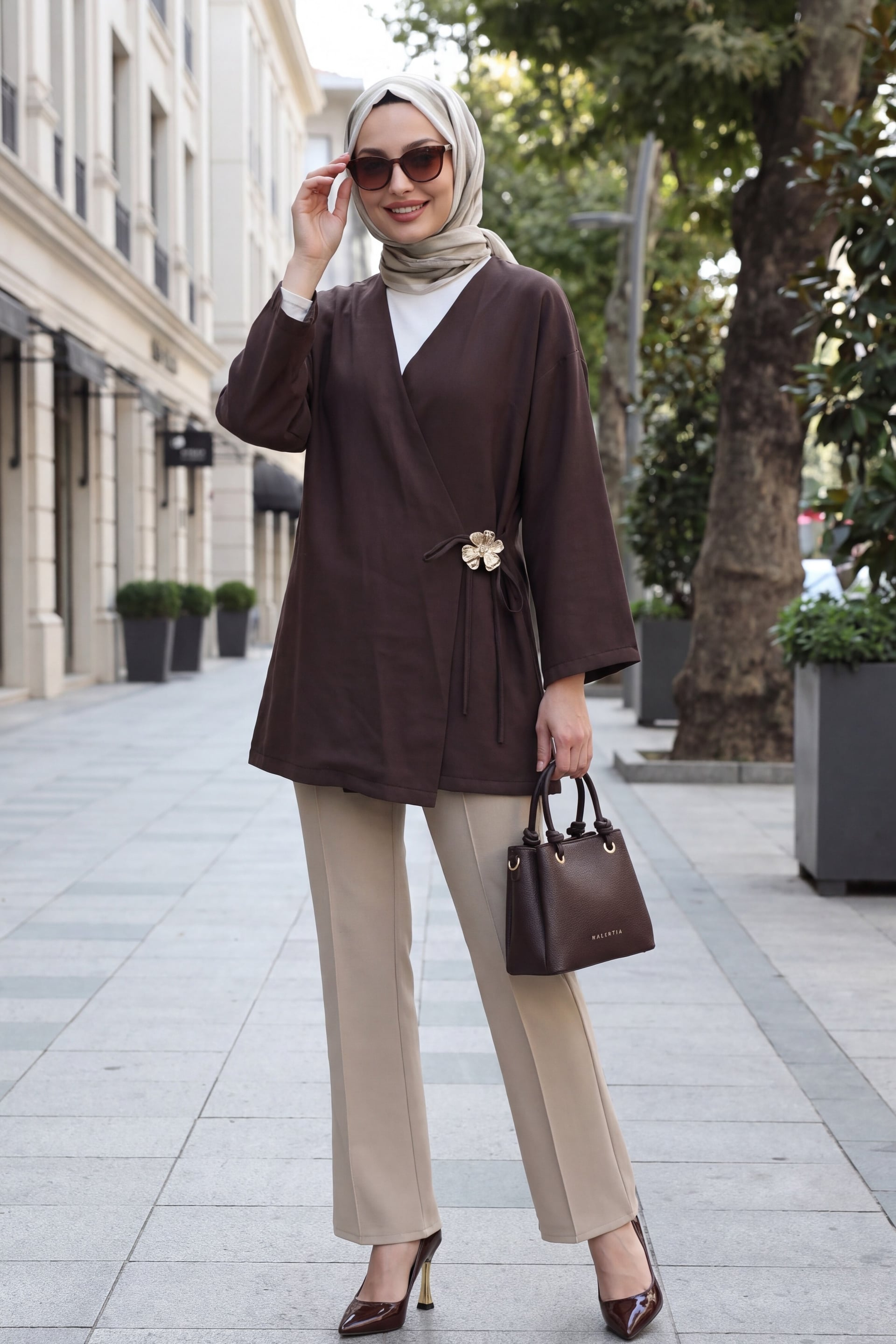 Side Cross-Tie Modal Tunic with Brooch - Brown - Podyumplus - by Peralane - photo 3