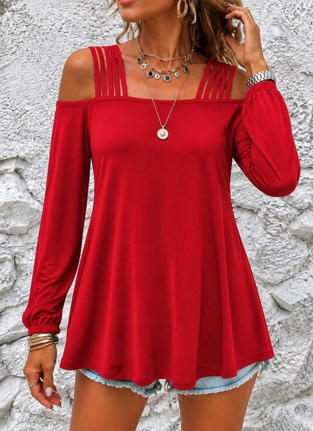 Women's Red Cold-Shoulder Long-Sleeve Viscose Blouse with Strap Details - Janes - by Peralane - photo 2