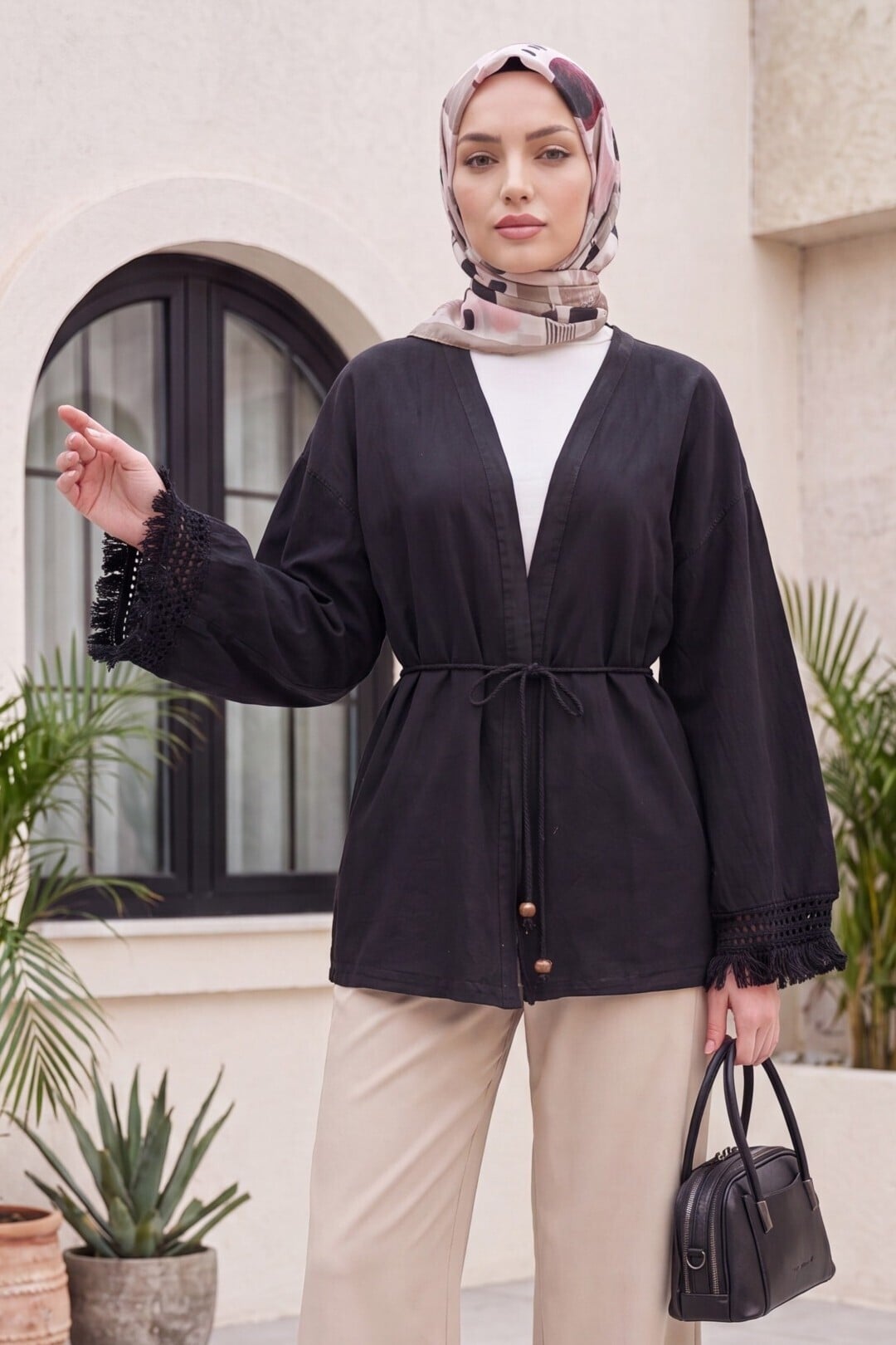 Black Fringed Sleeve Belted Linen Kimono - Podyumplus - by Peralane - photo 7