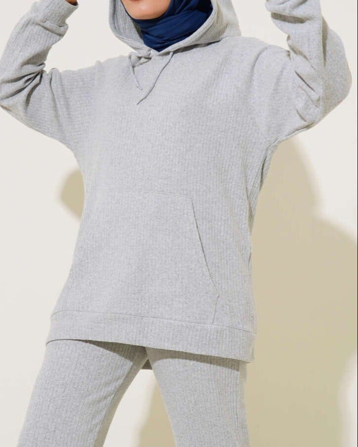 Hooded Kangaroo Pocket Ribbed Loungewear Set - Grey - Podyumplus - by Peralane - photo 3