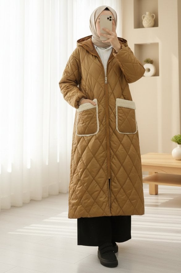 Long Quilted Coat with Hood and Pockets - Camel - Podyumplus - by Peralane - photo 6