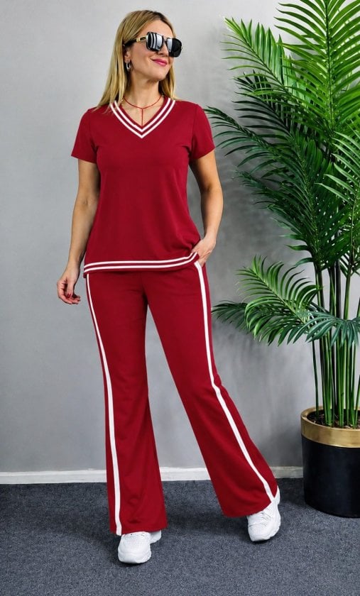 Women's Red Short Sleeve V-Neck Viscose Two-Piece Lounge Set with Trousers - Janes - by Peralane
