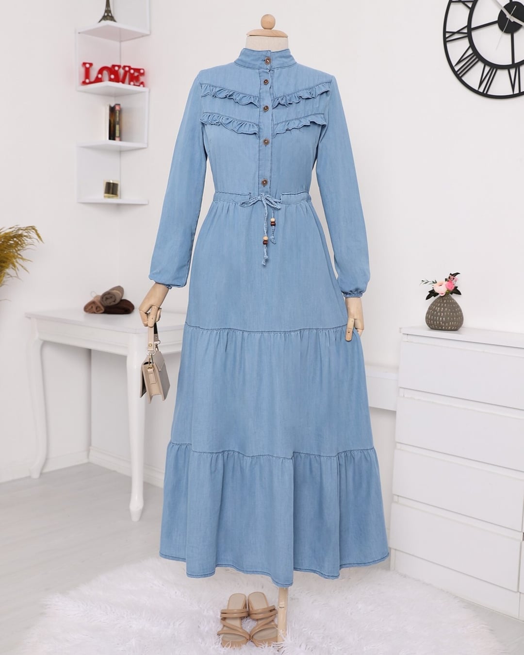 Half Button Front Frill Denim Dress - Blue - Podyumplus - by Peralane - photo 2