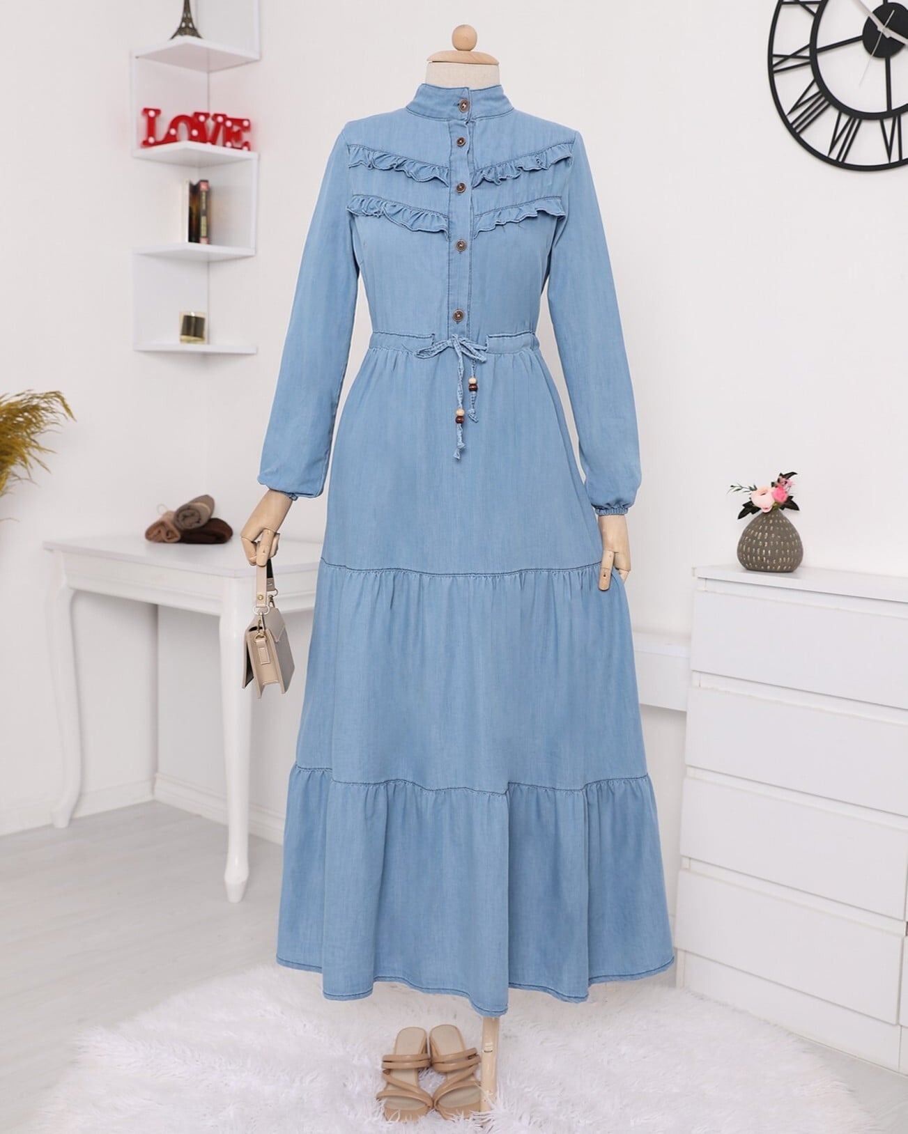 Half Button Front Frill Denim Dress - Blue - Podyumplus - by Peralane - photo 2