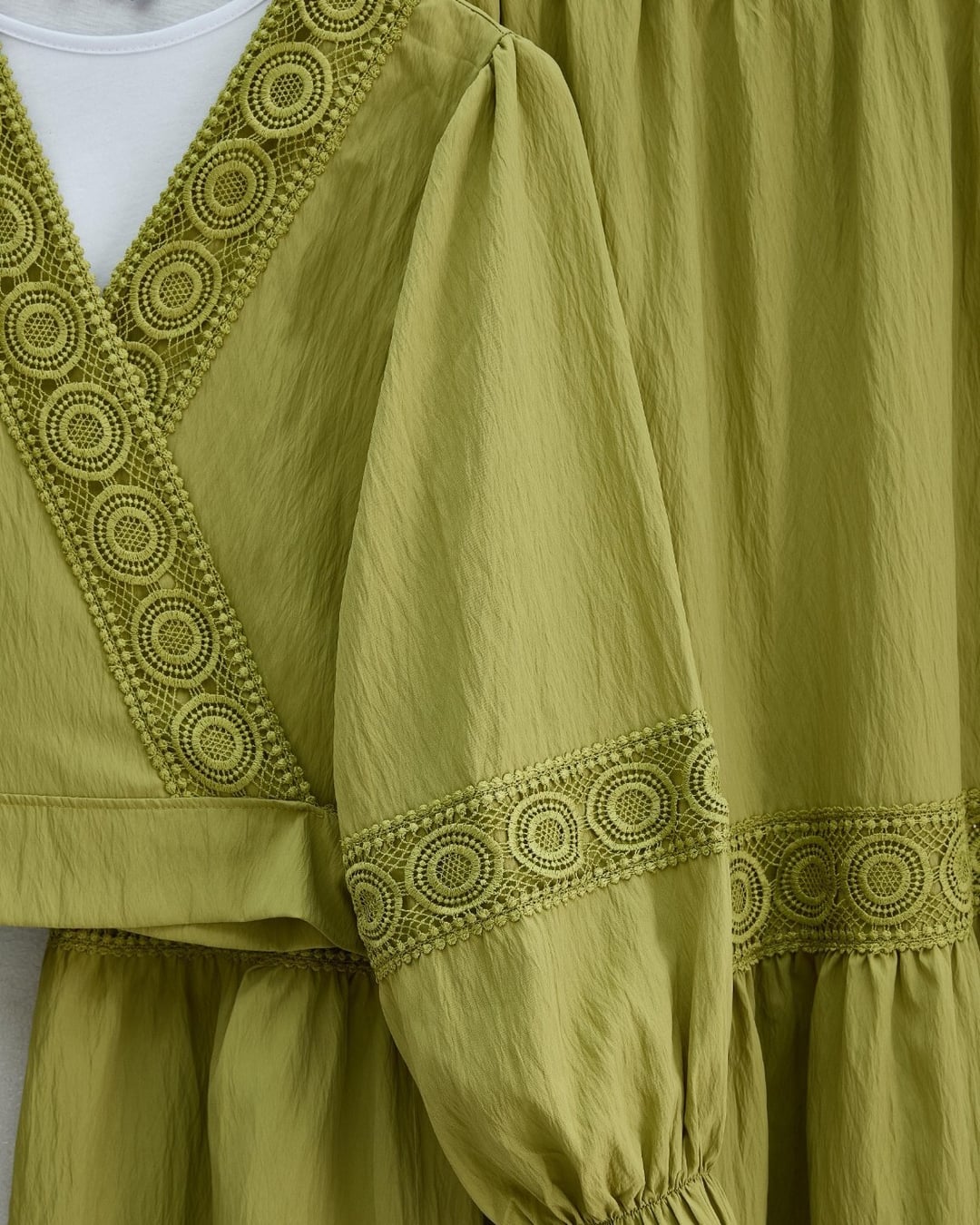 Women's Crochet Lace Trim Tie-Front Blouse and Tiered Skirt Set in Olive Green - Podyumplus - by Peralane - photo 9