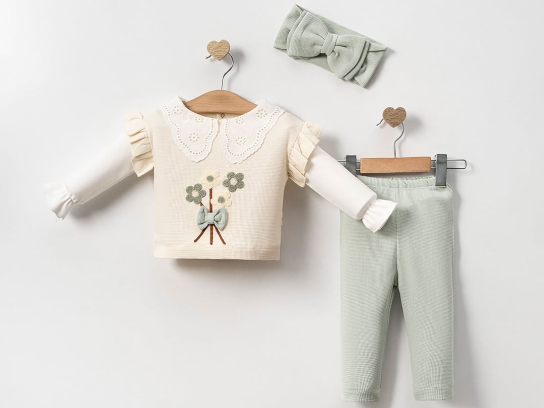 Floral Embroidered Collar Lace Baby Girl Set - Green - Cayzen - by Peralane