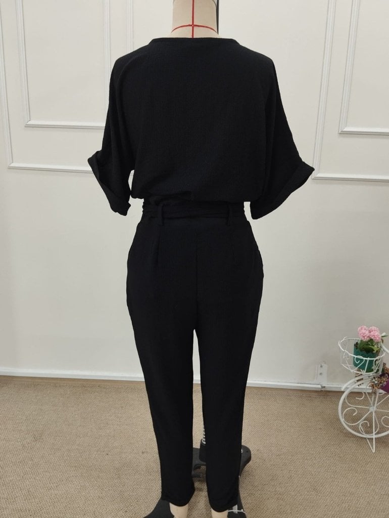 Women's Short-Sleeved Collared Button-Front Crinkled Blouse and Trousers Two-Piece Set - Janes - by Peralane - photo 6