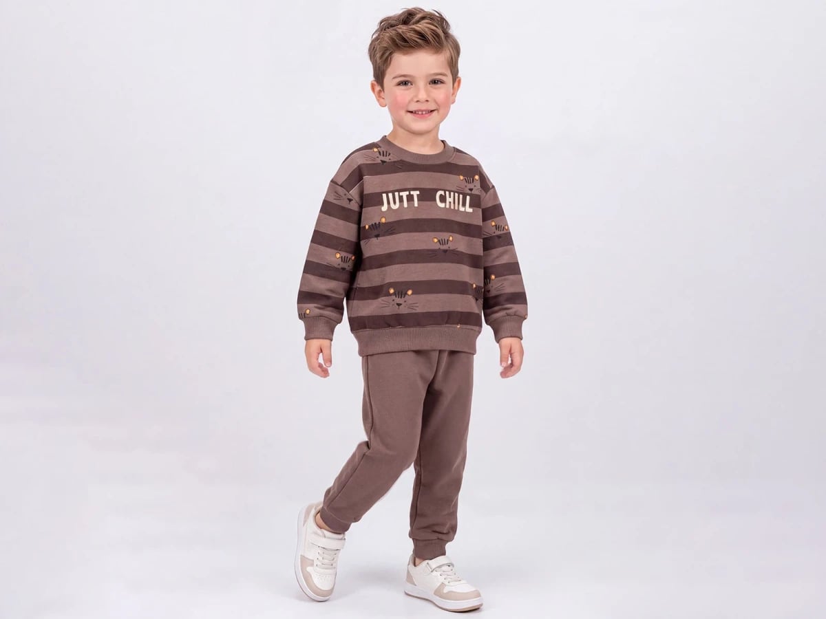 Boys' Brown Striped Cat Print Sweatshirt and Trousers Set - Feely Kids - by Peralane
