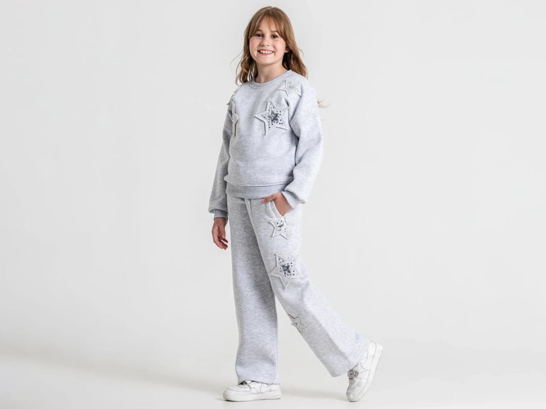 Girls' 4-Piece Sweatshirt and Trousers Set with Star Details - Grey - Pampal Kids - by Peralane
