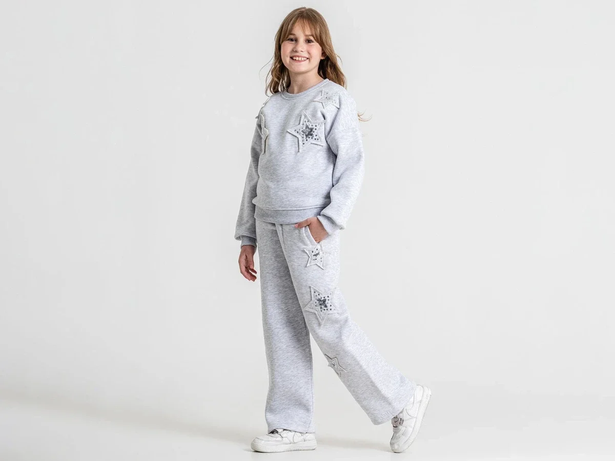 Girls' 4-Piece Sweatshirt and Trousers Set with Star Details - Grey - Pampal Kids - by Peralane