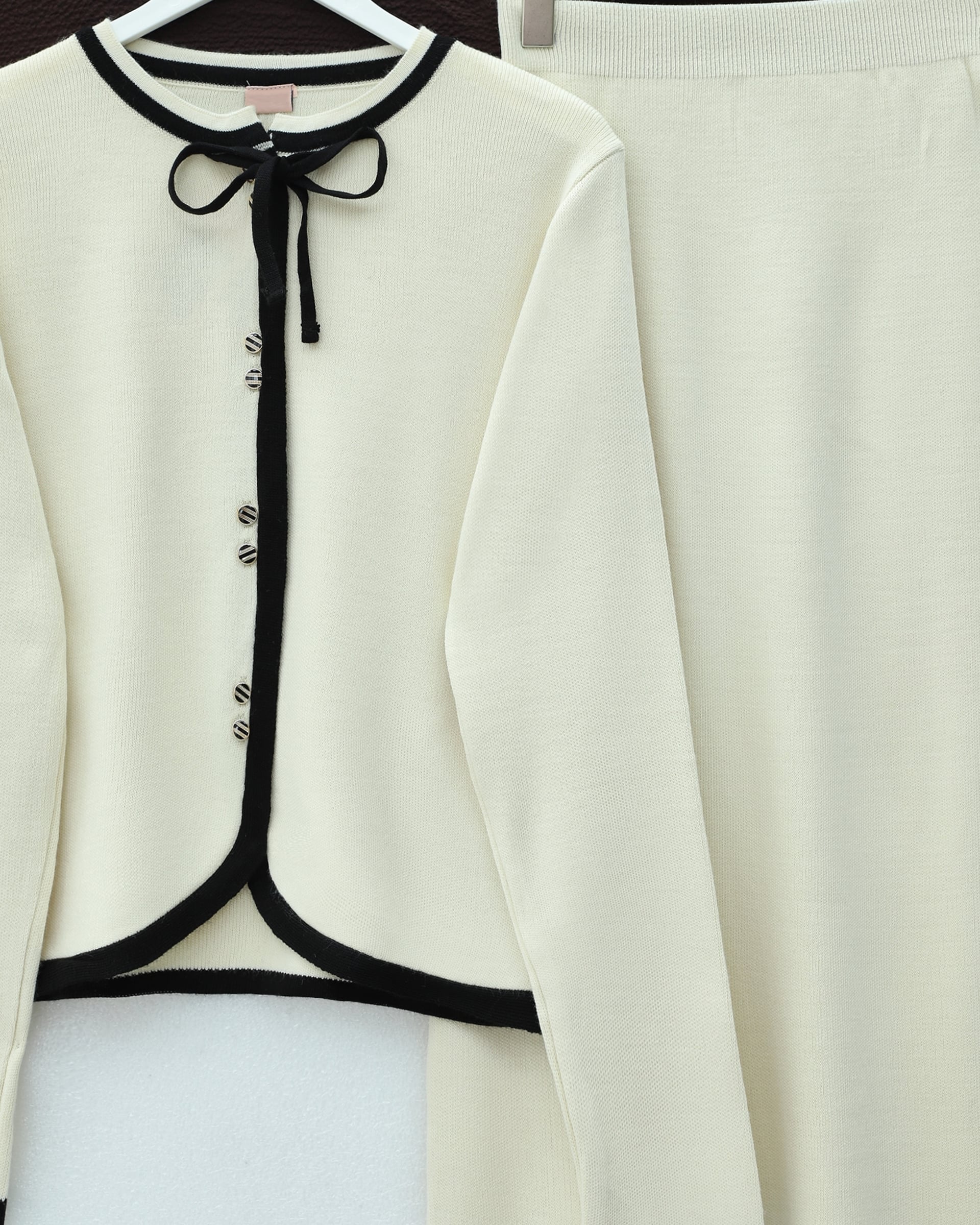 Cream Lace-Up Striped Button Skirt Knit Co-ord Set - Podyumplus - by Peralane - photo 4