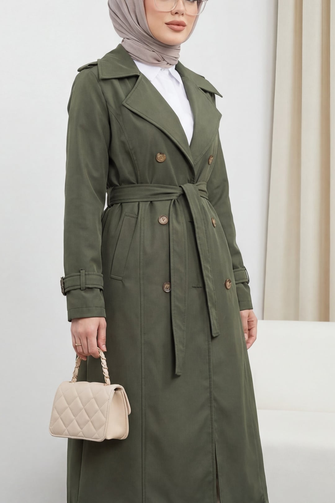 Women's Lined Belted Trench Coat - Olive Green - Podyumplus - by Peralane - photo 2