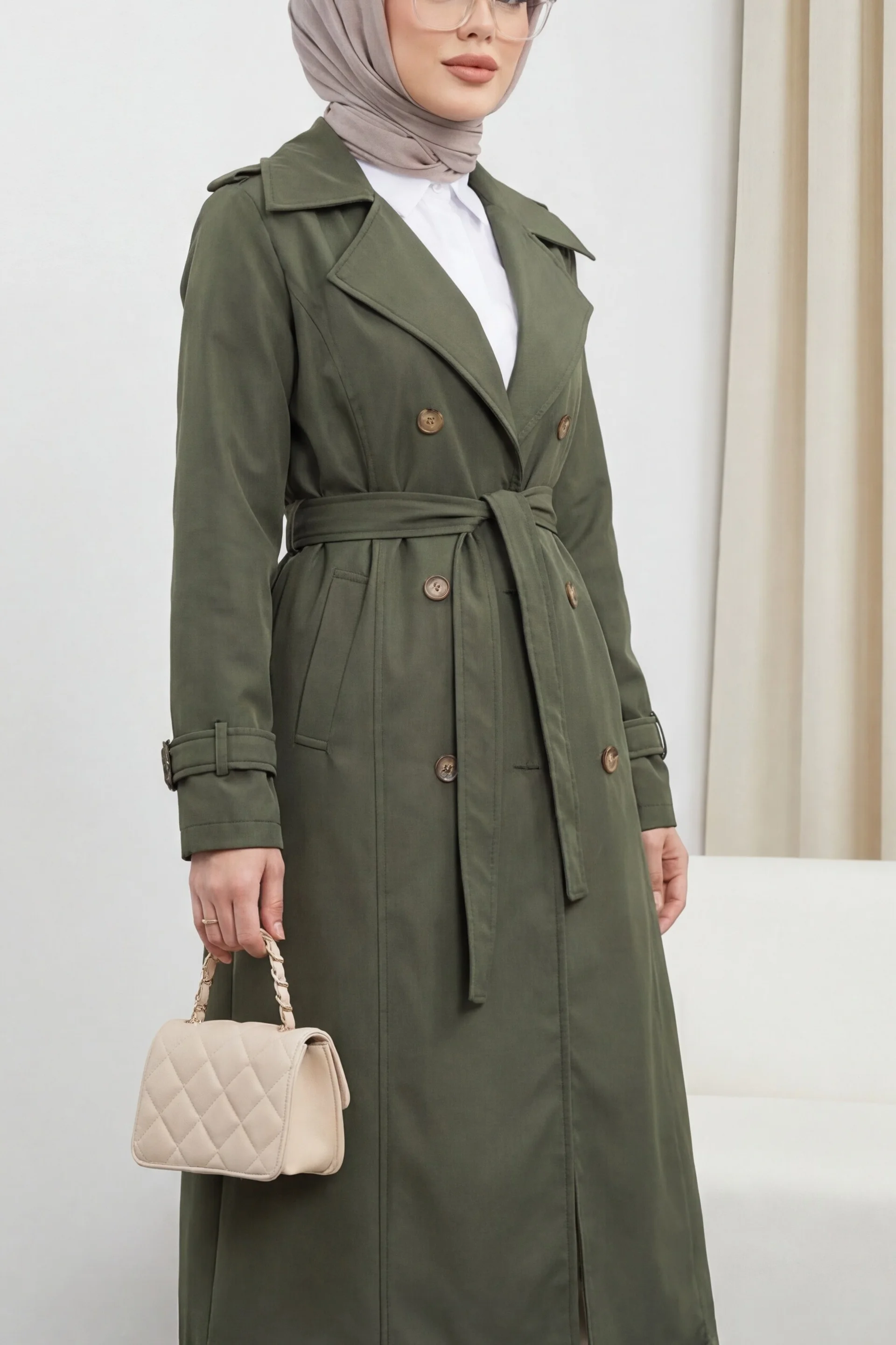 Women's Lined Belted Trench Coat - Olive Green - Podyumplus - by Peralane - photo 2