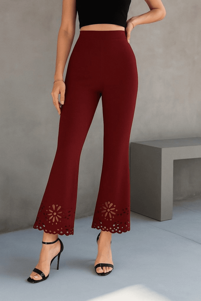 Women's High Waist Flared Laser-Cut Floral Crepe Trousers in Bordeaux - Janes - by Peralane - photo 3