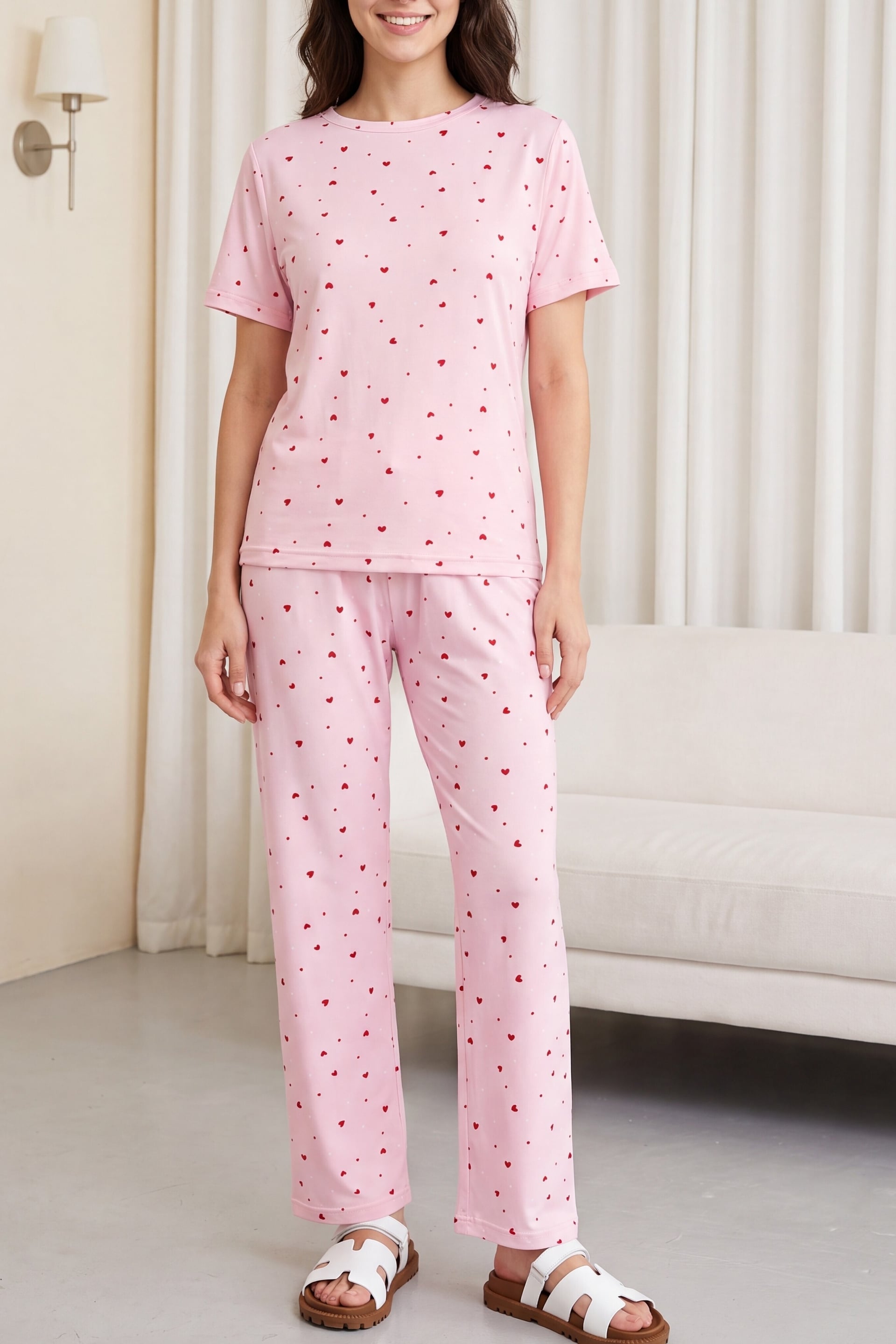 Heart Print Bicycle Neck Short Sleeve Jersey Pyjama Set - Pink - Podyumplus - by Peralane - photo 4