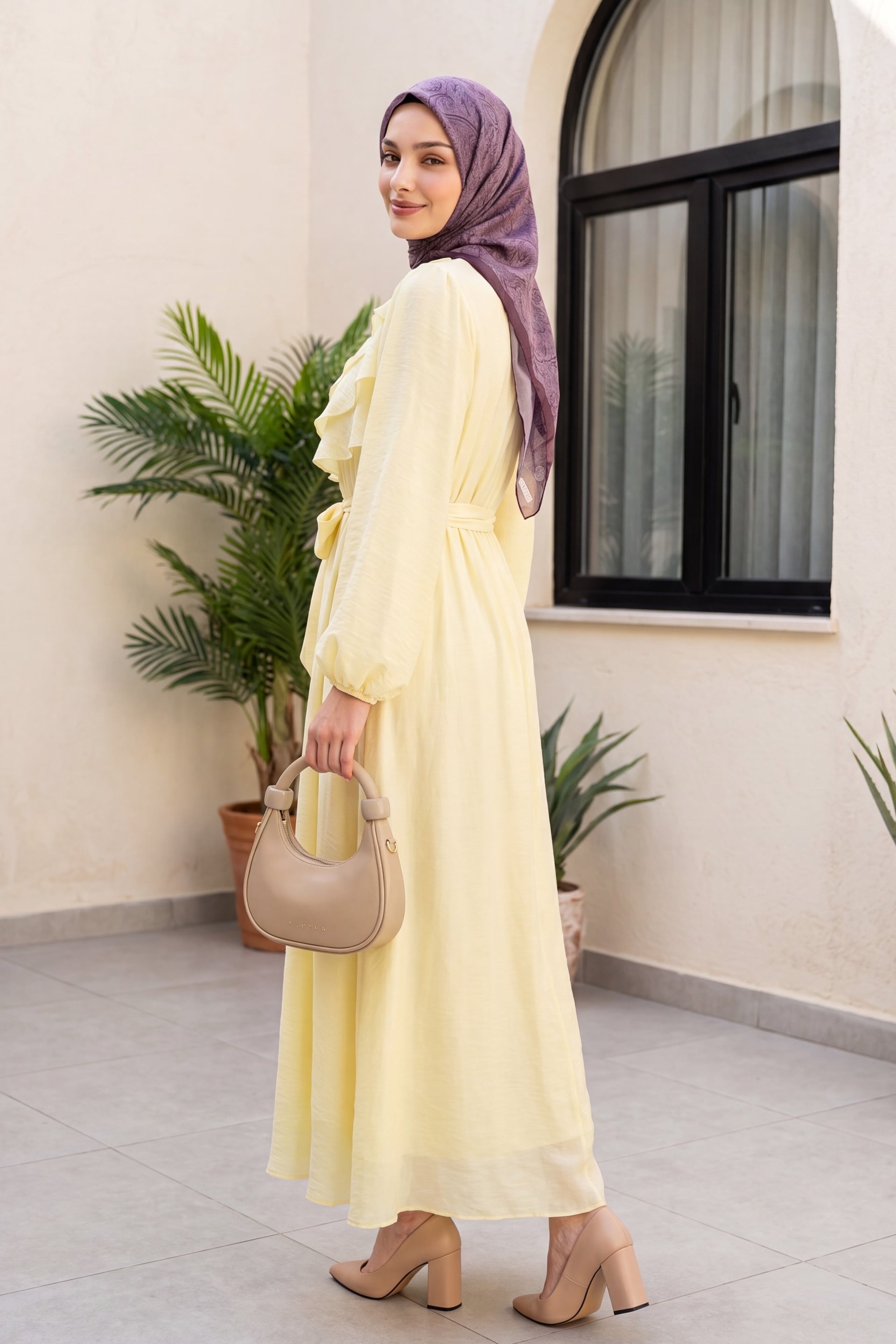 Pale Yellow Tiered Ruffle Balloon Sleeve Lined Chiffon Dress with Belt - Women's - Podyumplus - by Peralane - photo 3