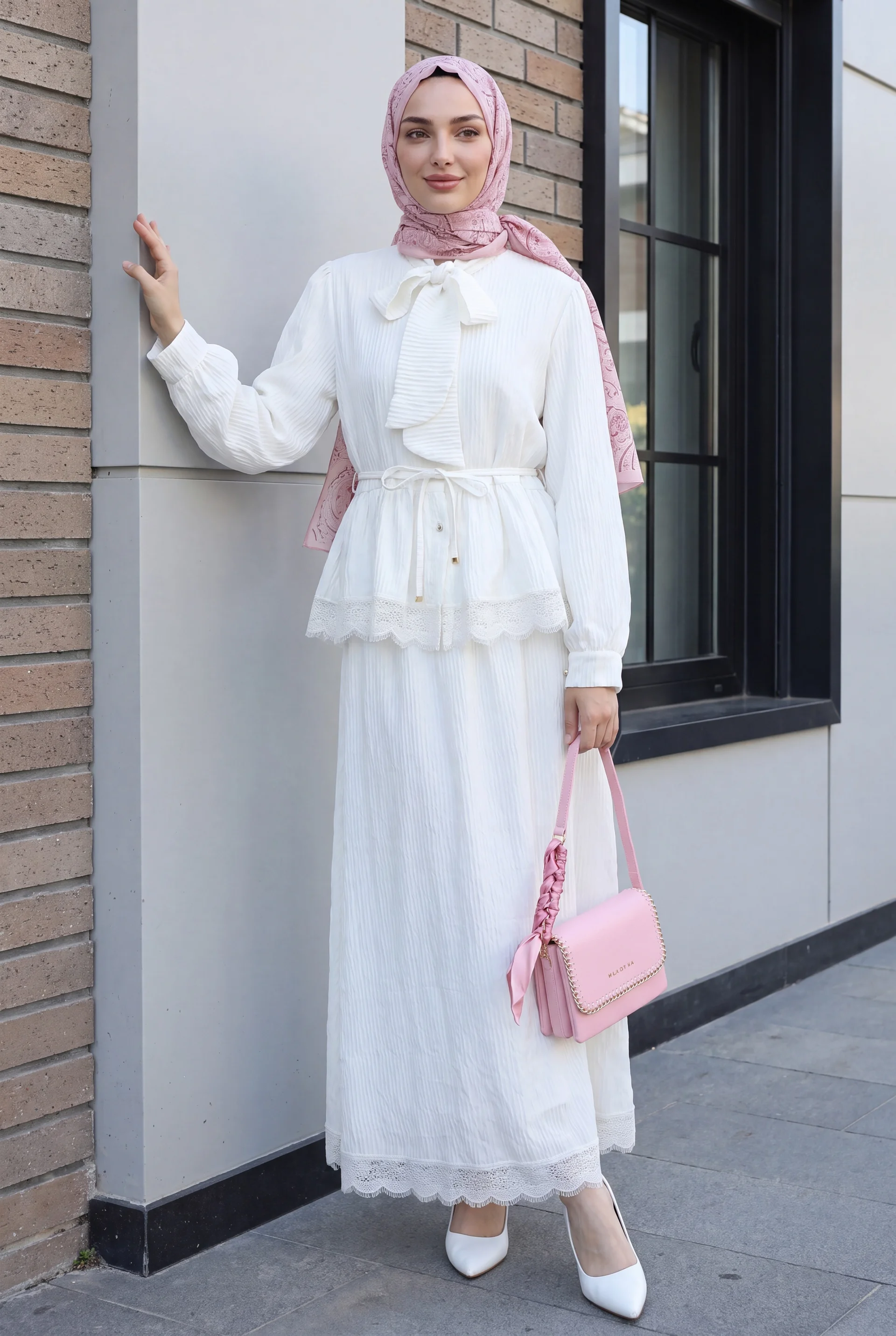 Tie Waist and Bow Neck Crepe Two-Piece Set with Lace Trim Skirt - Ecru - Podyumplus - by Peralane - photo 2