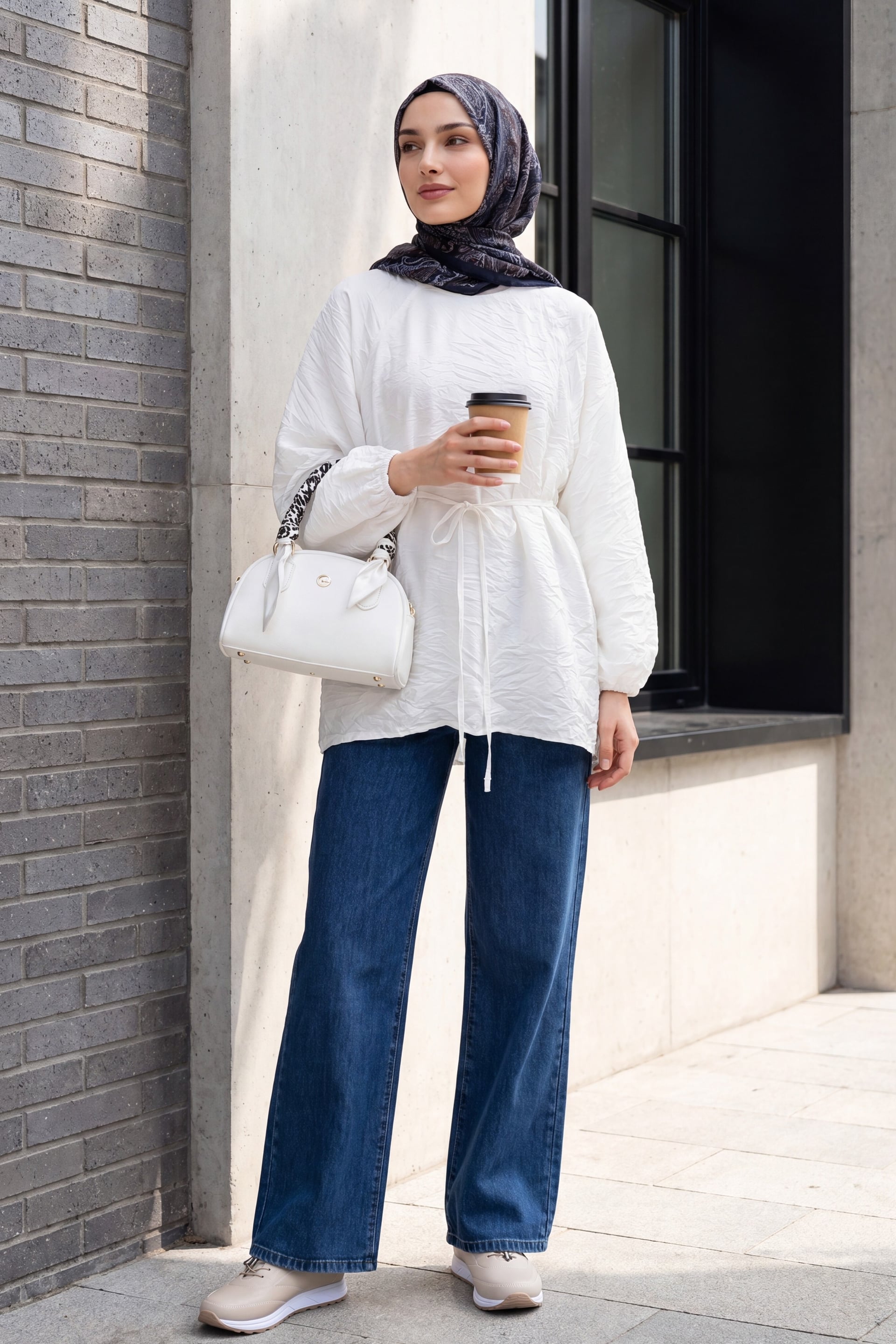 Wide-Leg Belted Zip-Front Denim Jeans - Dark Blue - Podyumplus - by Peralane - photo 4
