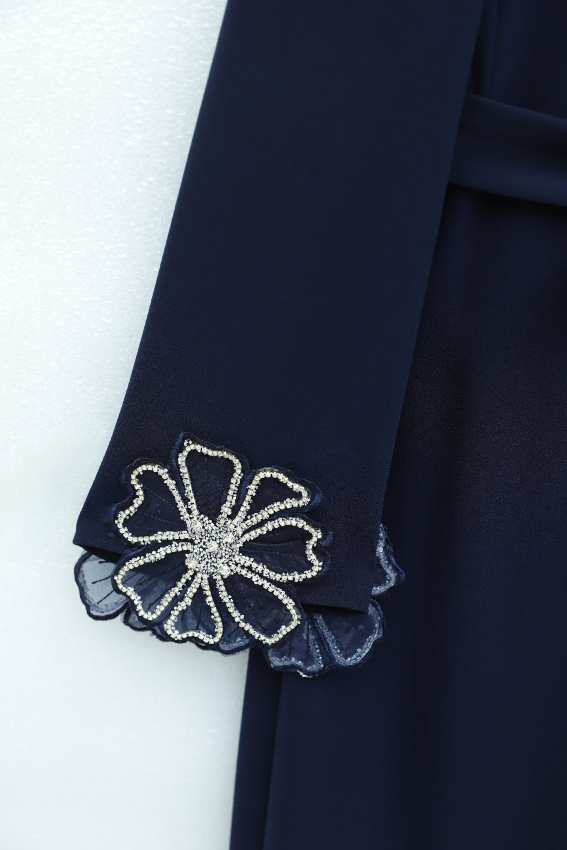 Navy Blue Crepe Dress with Floral Stone Details and Self-Tie Belt - Podyumplus - by Peralane - photo 4