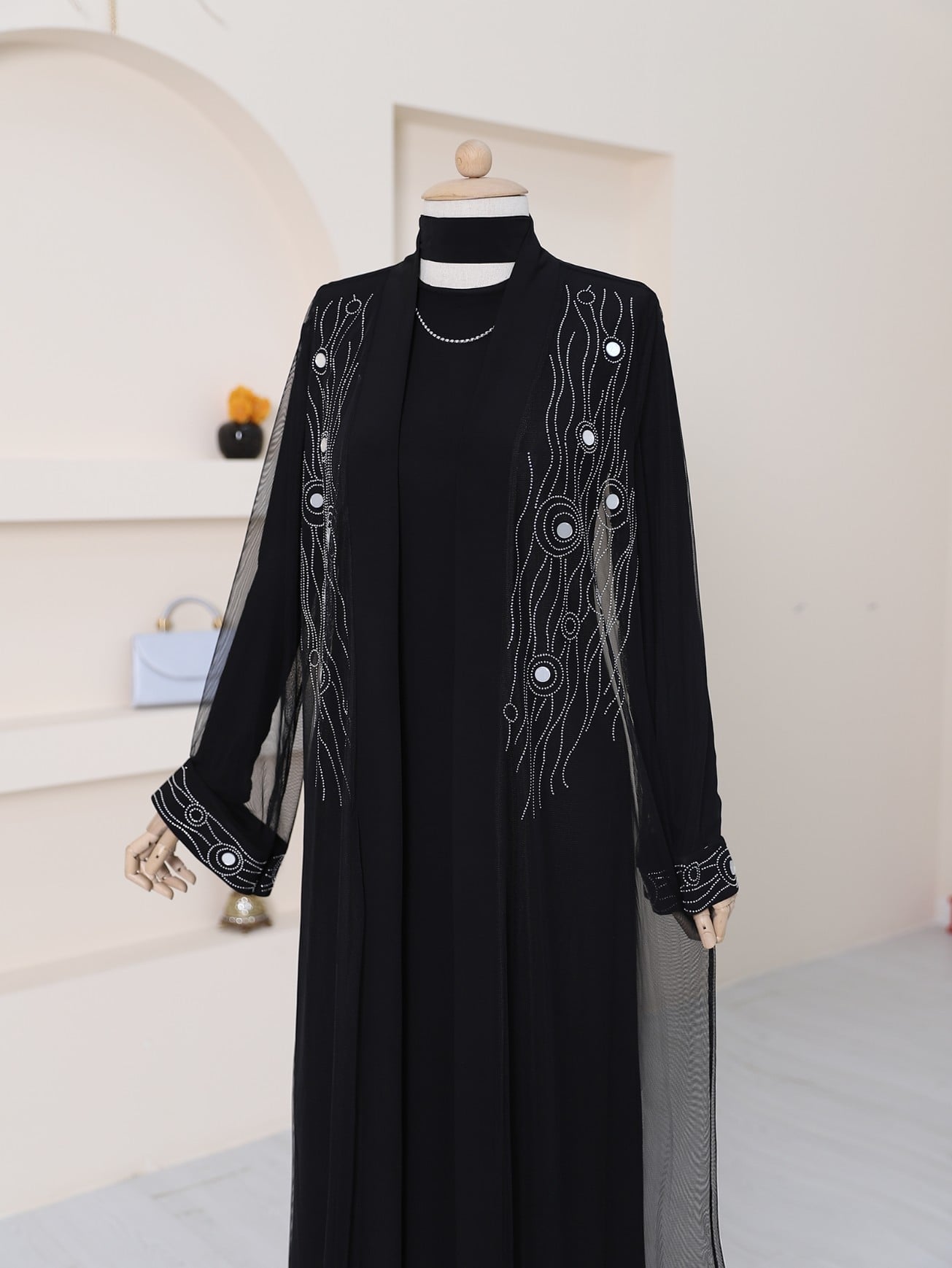 Silver Beaded Abaya Set with Inner Dress and Open Kimono - Podyumplus - by Peralane - photo 4