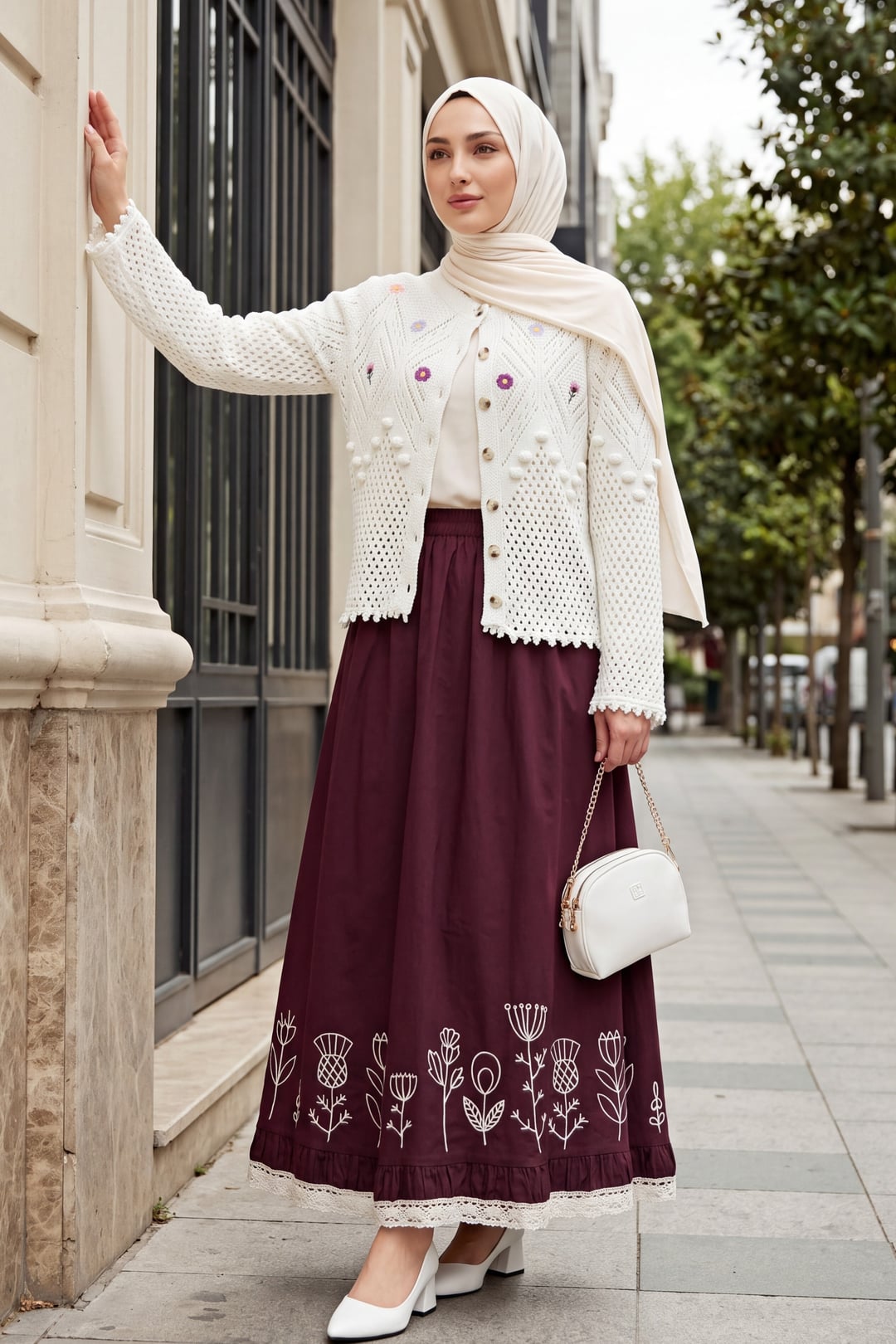 White Floral Embroidered Pom-Pom Knit Cardigan - Podyumplus - by Peralane - photo 2