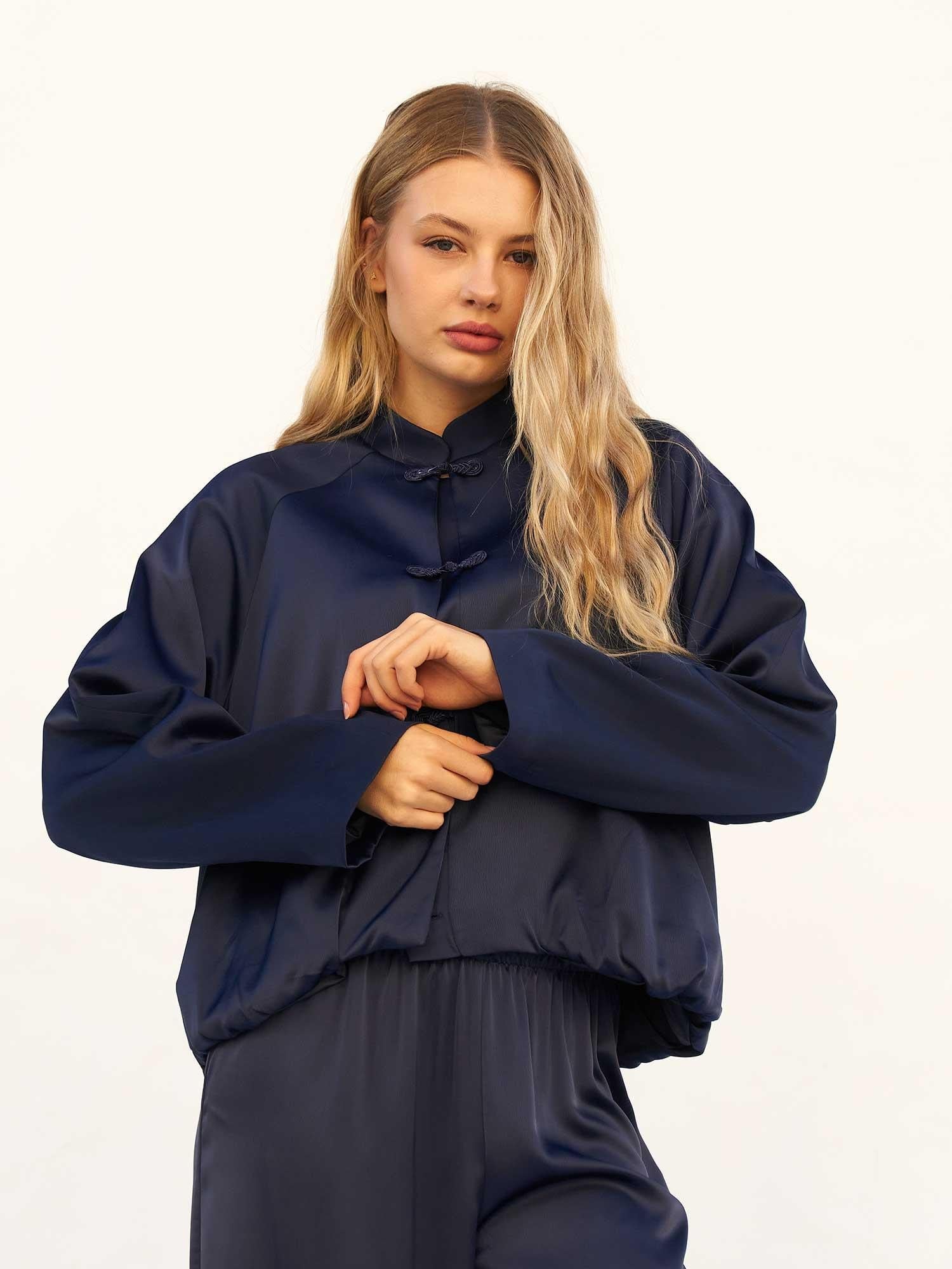 Navy Blue Satin Bomber Jacket with Mandarin Collar - Lefon - by Peralane - photo 4